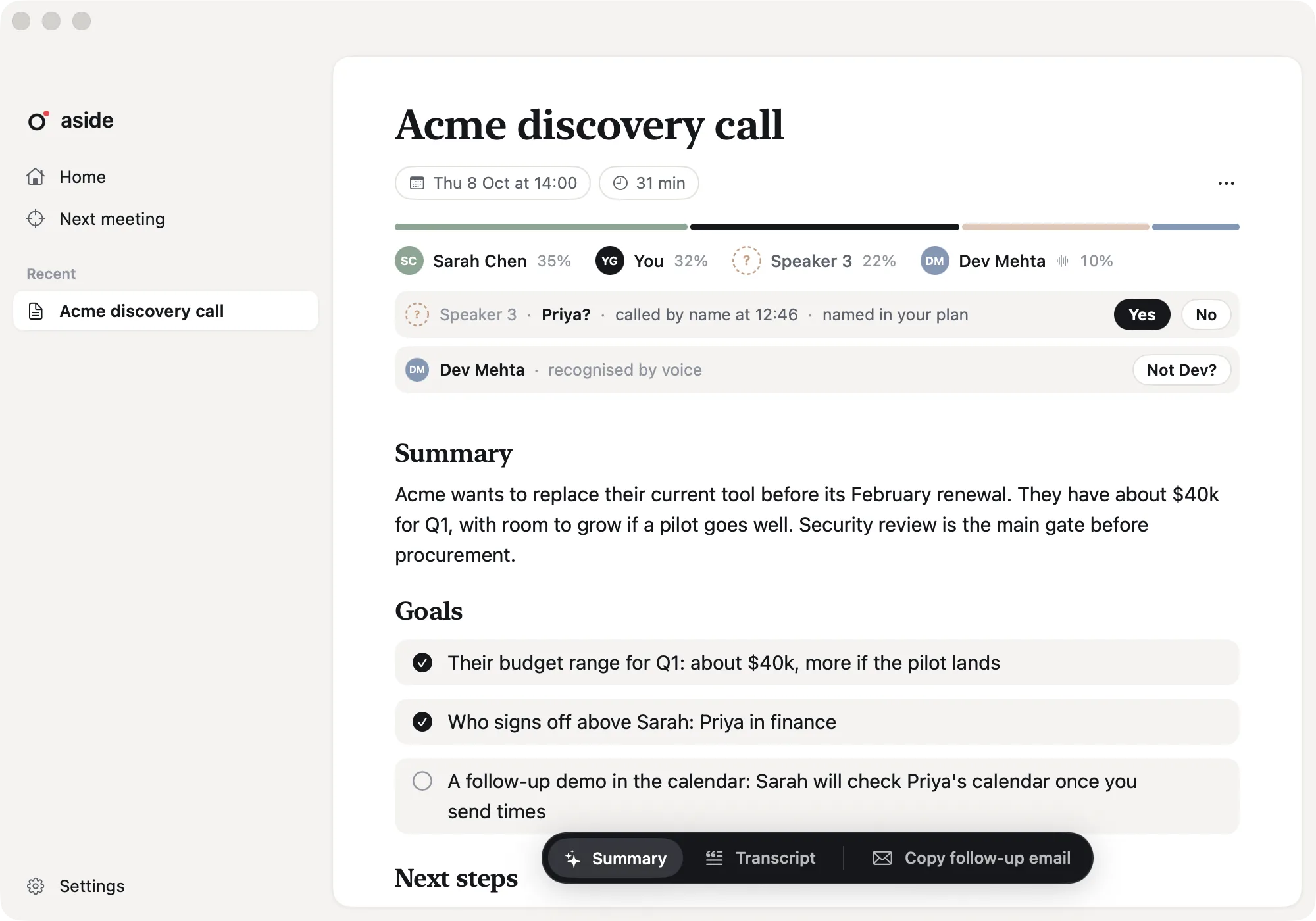 The Aside window after the Acme discovery call: a summary, two of three goals reached, next steps and a follow-up email.