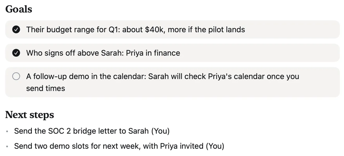 The write-up in Aside: goals reached and missed, and next steps.
